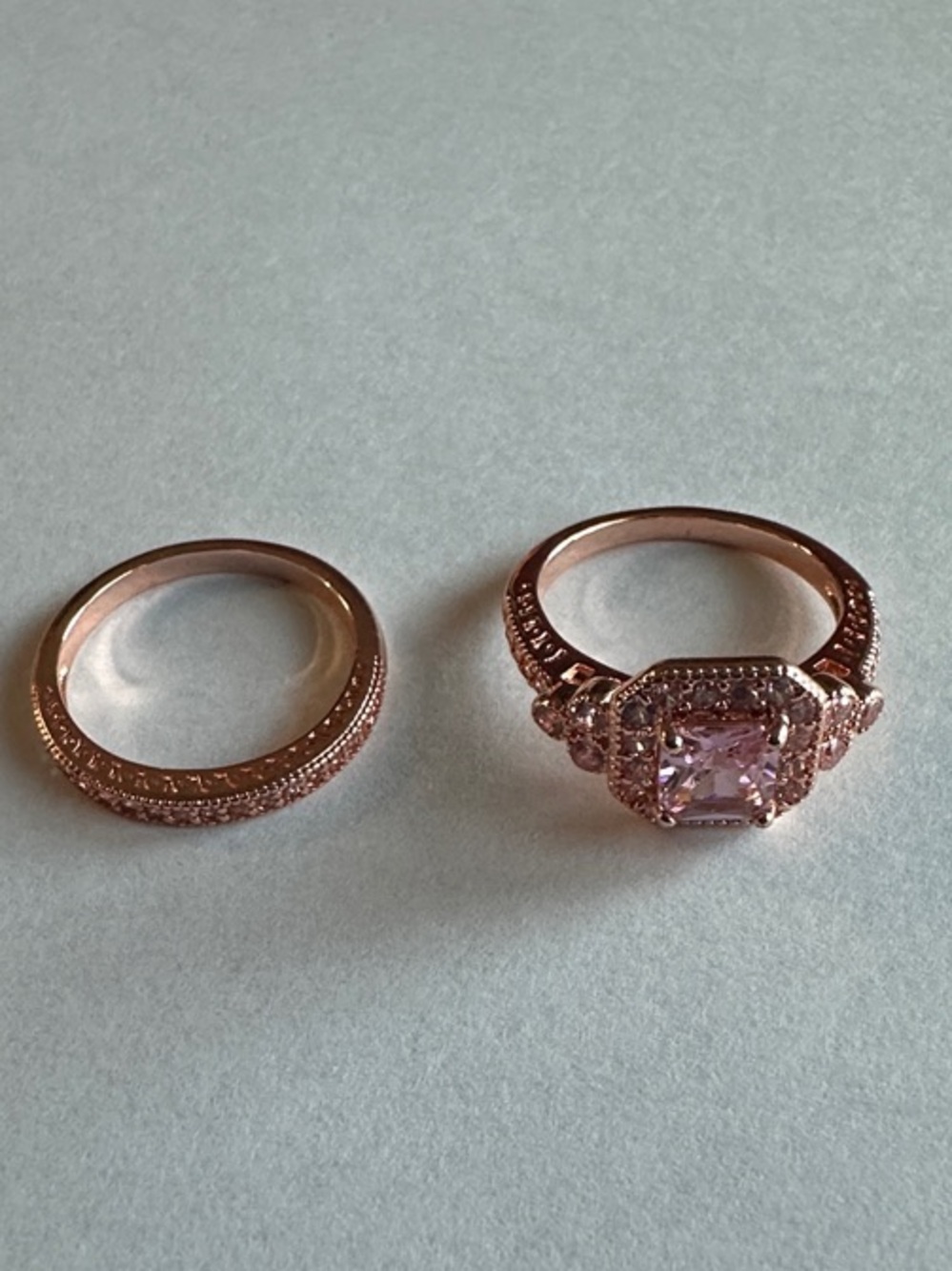 Rose Gold Pink Cubic Zirconia Halo Engagement Ring Set
